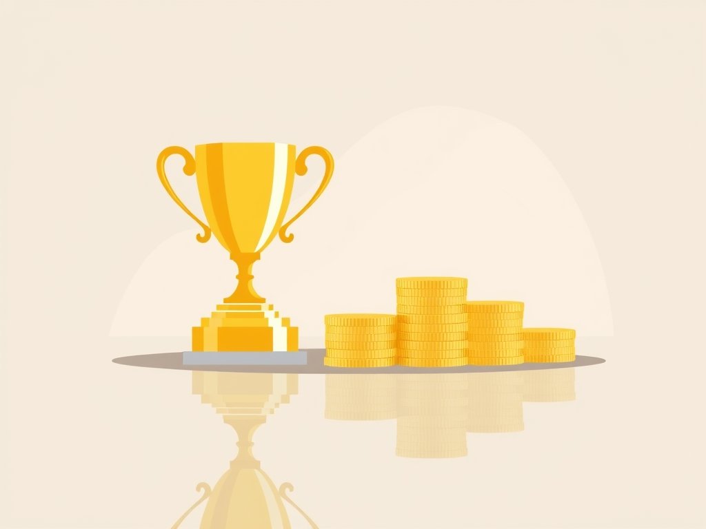 Gouden trofee en stapels munten met abstracte lichtstralen als symbool voor Marco Borsato vermogen.