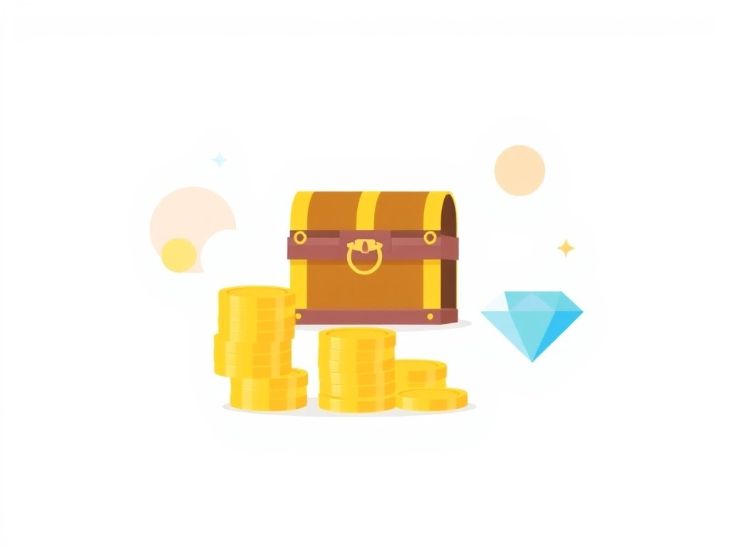 Symbolische illustratie van gouden munten, schatkist en diamant als concept van vermogen.
