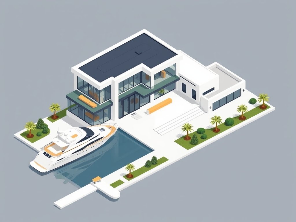 Moderne luxe villa met een jacht aan de kade en een sportwagen in de oprit die het vermogen symboliseren.
