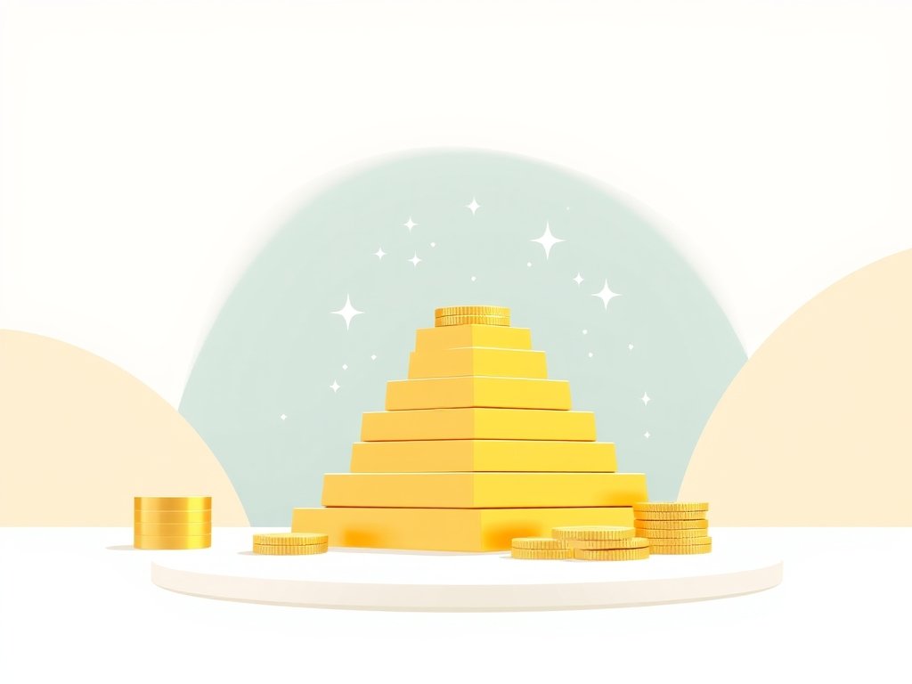 Stacked gouden munten en goudstaven in een abstracte piramidevorm met sprankelende details als symbool voor vermogen.