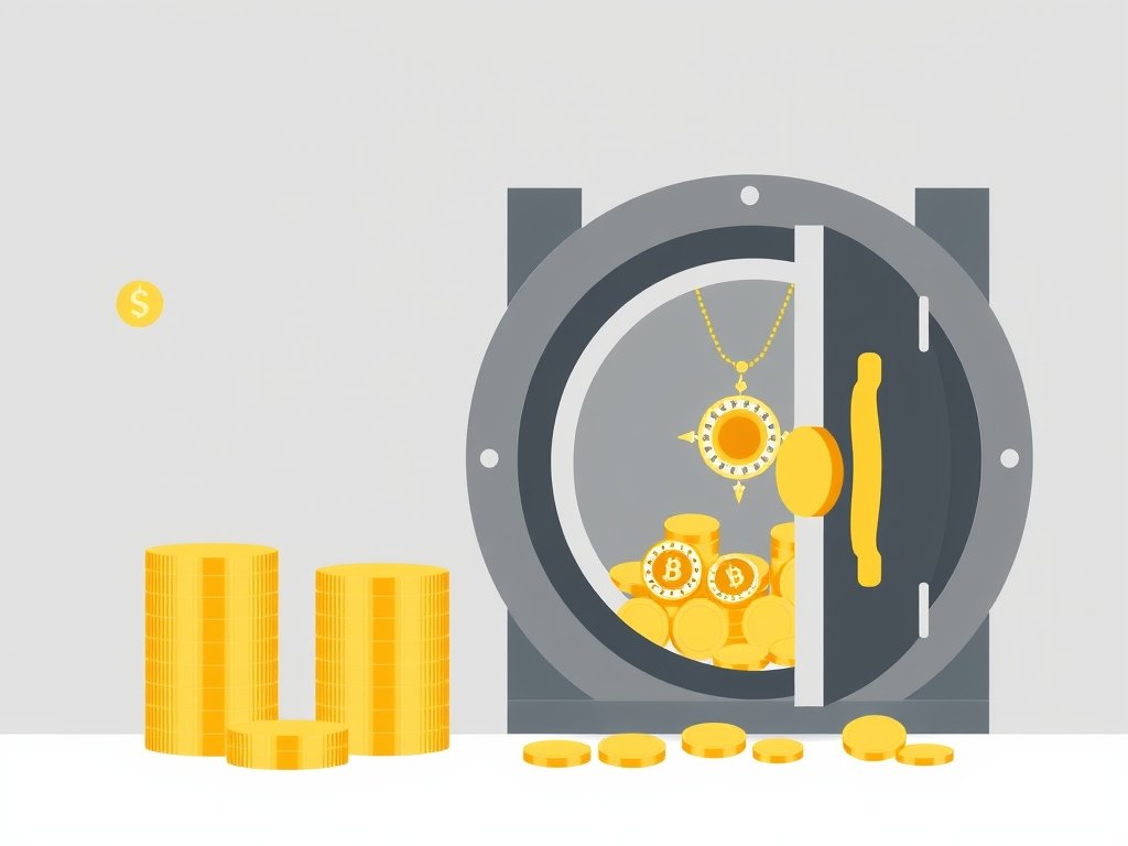 Gestileerde illustratie van gouden munten en een kluis met sieraden als symbool van vermogen.