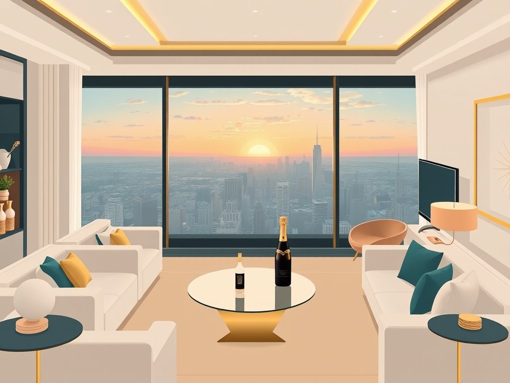 Luxe moderne penthouse interieur met gouden accenten en een fles champagne op tafel, uitzicht op stadsskyline.