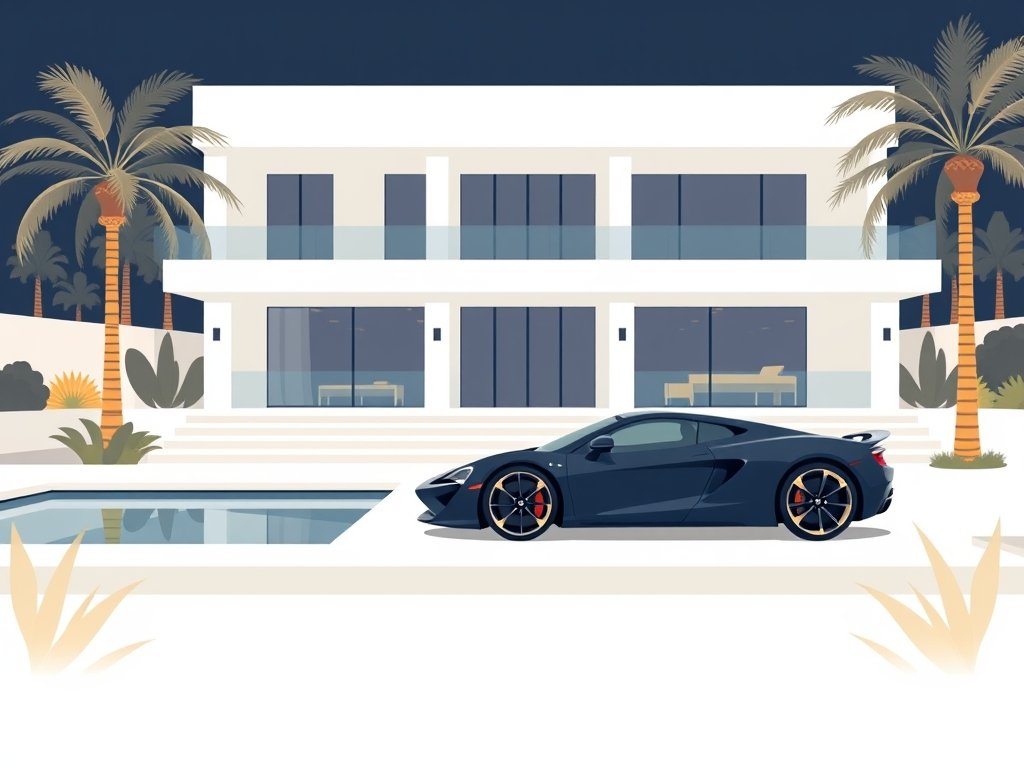 Luxe moderne villa met sportwagen en zwembad in een minimalistisch kleurenschema.