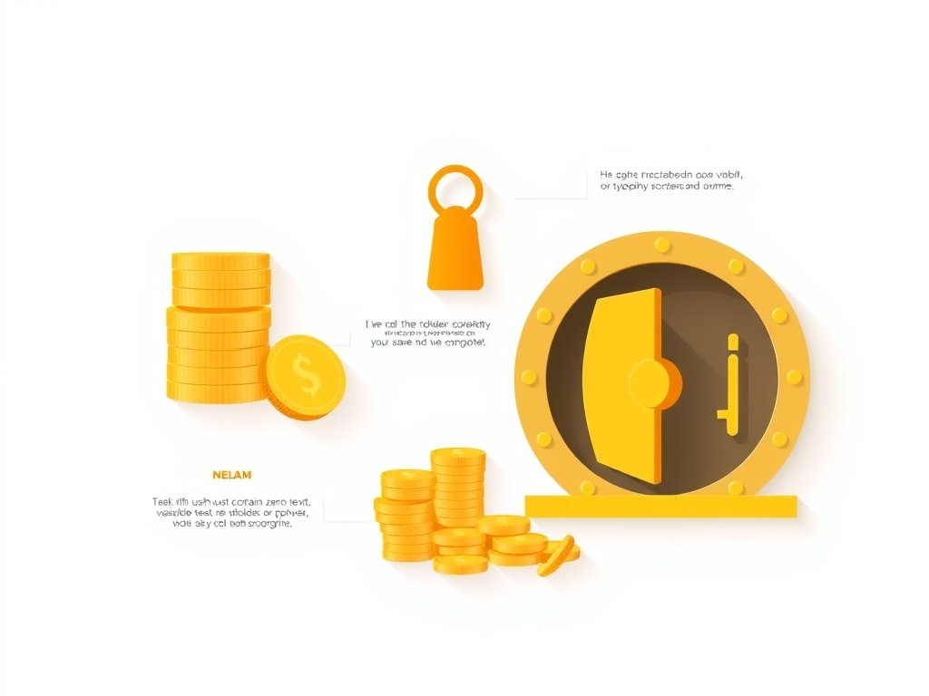 Abstracte symbolen van vermogen met gouden munten en kluisdeur.