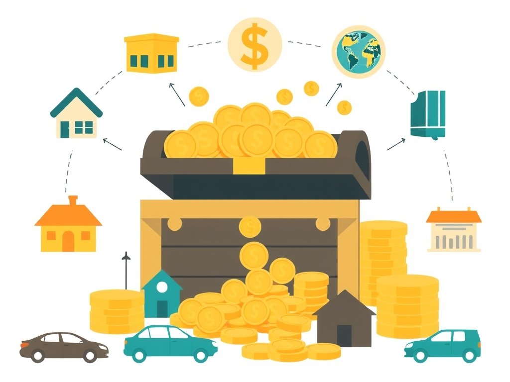 Gouden schatkist met vermogen symbolen in een minimalistisch ontwerp.