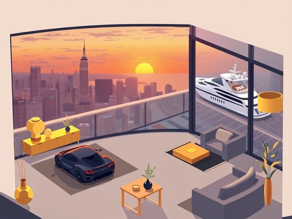 Luxueus penthouse interieur met sportwagen en jacht uitzicht op de skyline passend bij Nikkie Plessen vermogen.