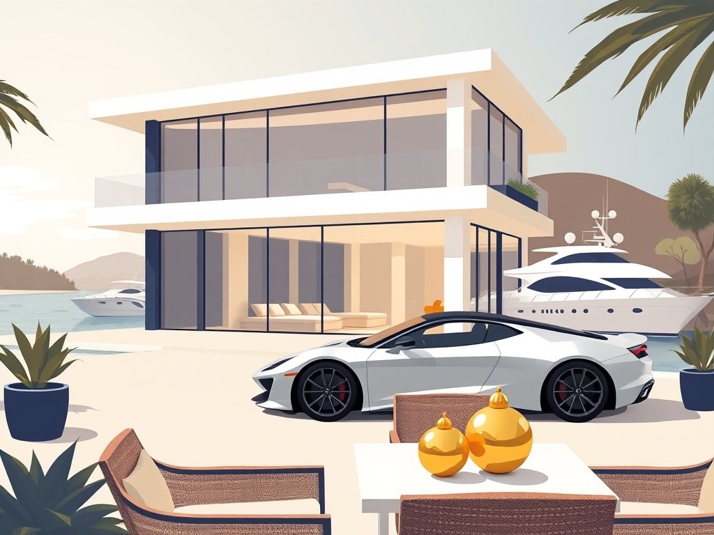 Luxueuze moderne villa met sportwagen en jacht in een minimalistische stijl passend bij Mathieu van der Poel vermogen.