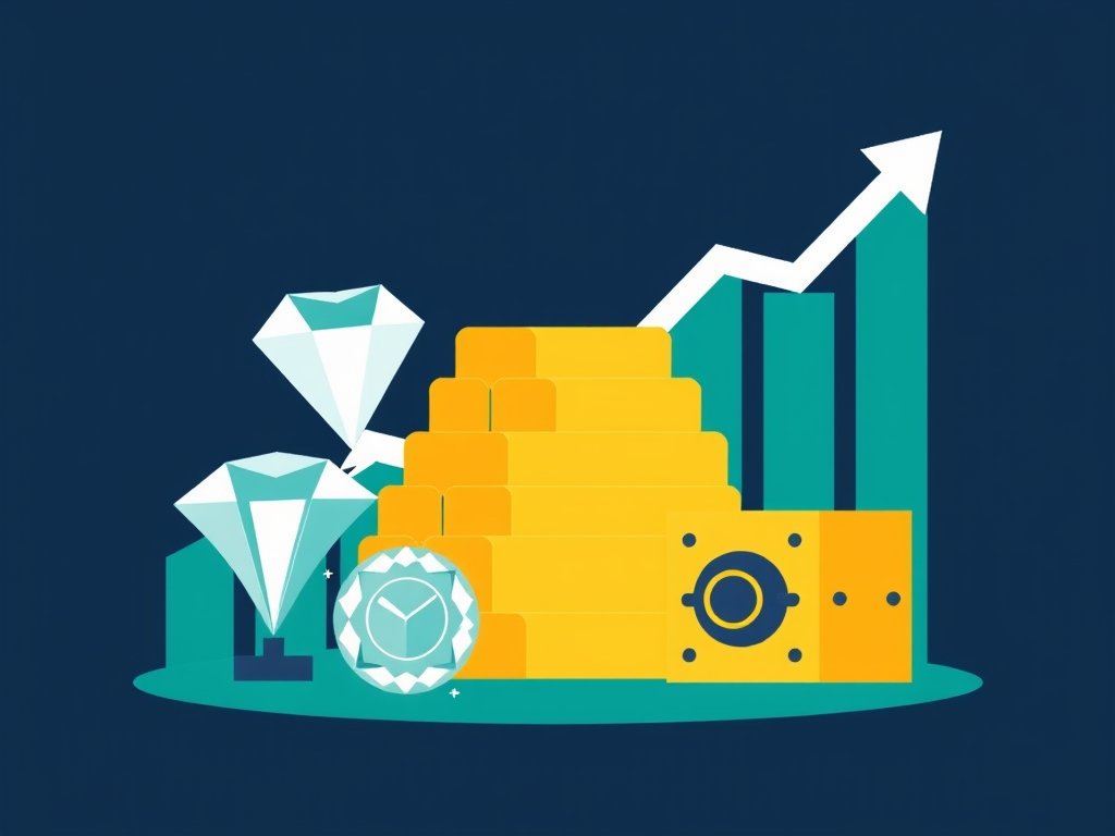 Illustratie van rijkdomssymbolen zoals gouden staven, diamant en een kluis met een stijgende grafieklijn voor Viola Holt vermogen.