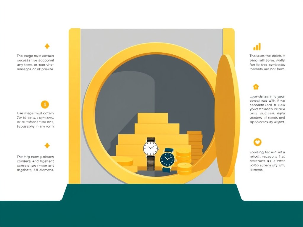 Gestileerde gouden kluis met stapels geld, goudstaven en luxe horloges als symbool voor vermogen.