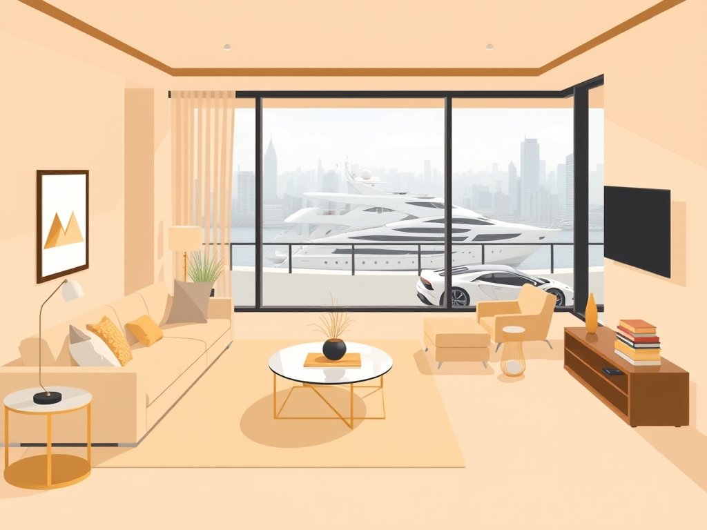Luxueus penthouse interieur met gouden accenten, uitzicht op de skyline, jacht en sportwagen.
