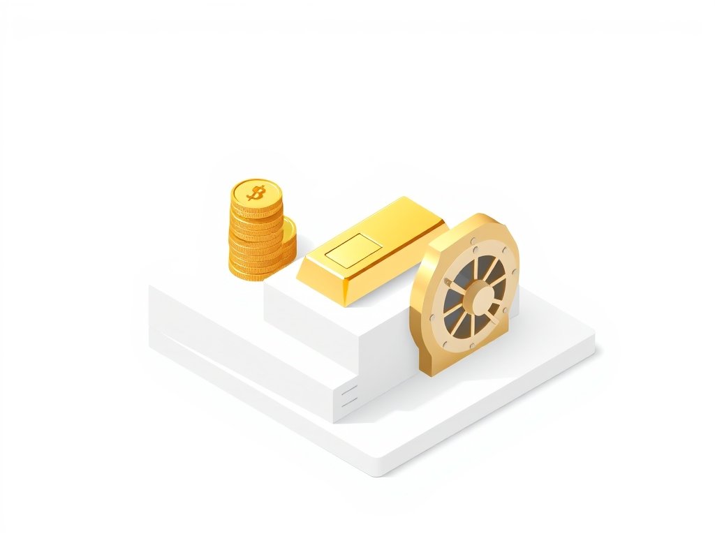Gouden staaf, munten en kluis als symbolen van vermogen met een strakke minimalistische uitstraling.