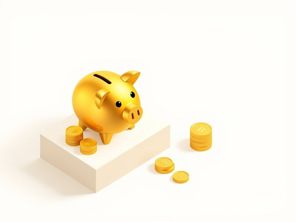 Gouden spaarvarken en stapels munten op een strak bureau als symbool van vermogen.