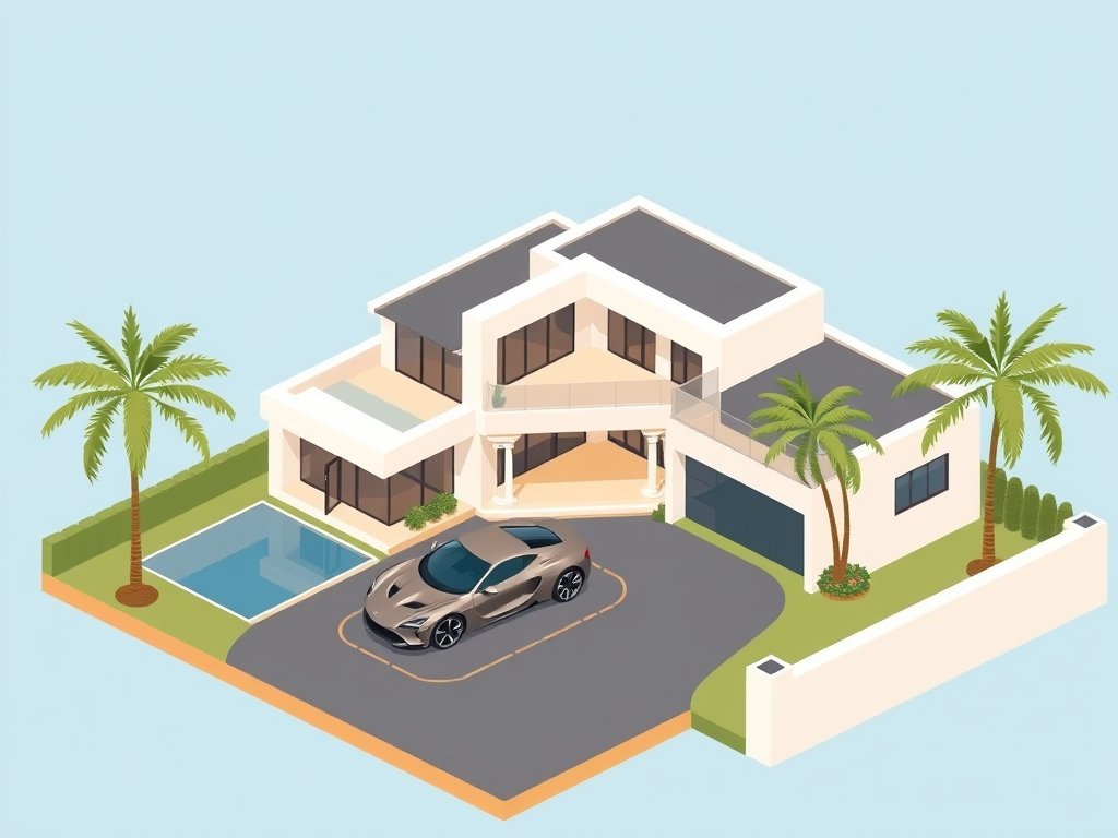 Luxueuze moderne villa met sportwagen en palmbomen in een heldere omgeving passend bij Giel de Winter vermogen.