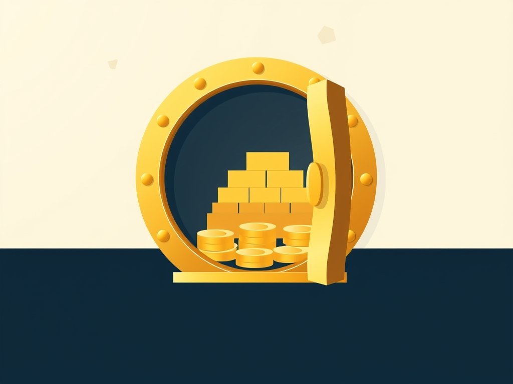 Open gouden kluis met stapels goudstaven en munten als symbool voor vermogen.