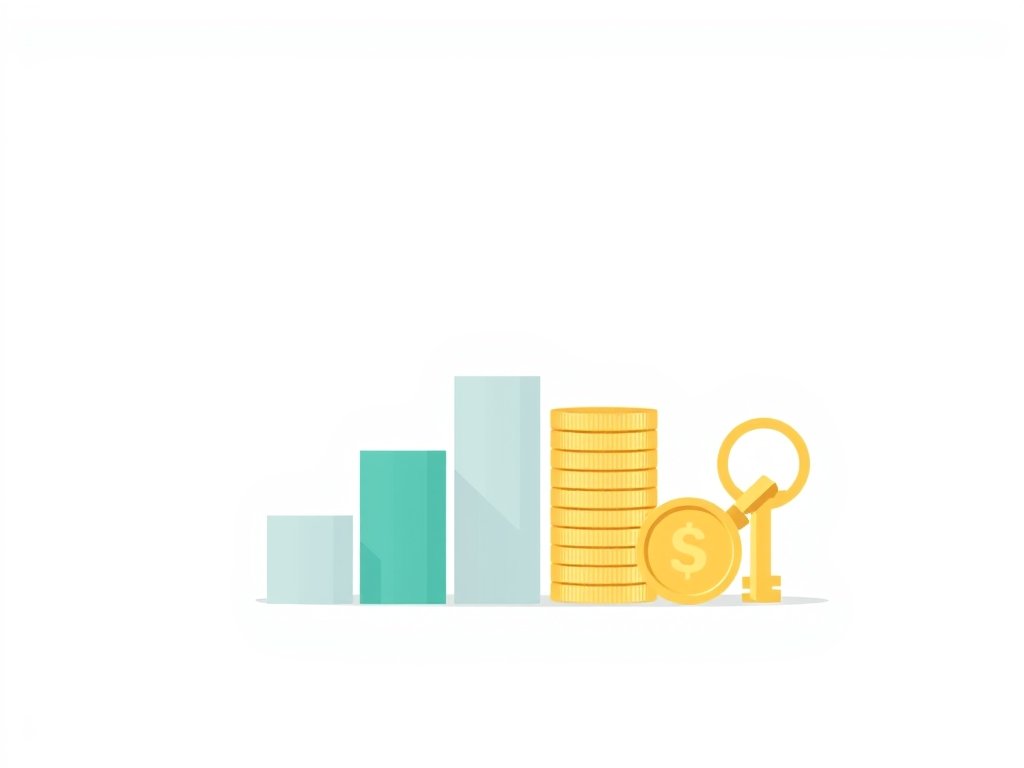Gestileerde illustratie van stapel munten, groeiende grafiek en goudkleurige sleutel als symbool voor vermogen.