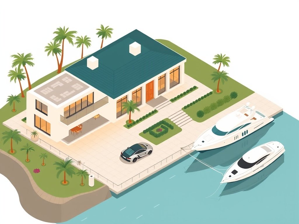 Isometrische illustratie van een luxe villa met sportwagen en jacht aan water, passend bij Oos Kesbeke vermogen.