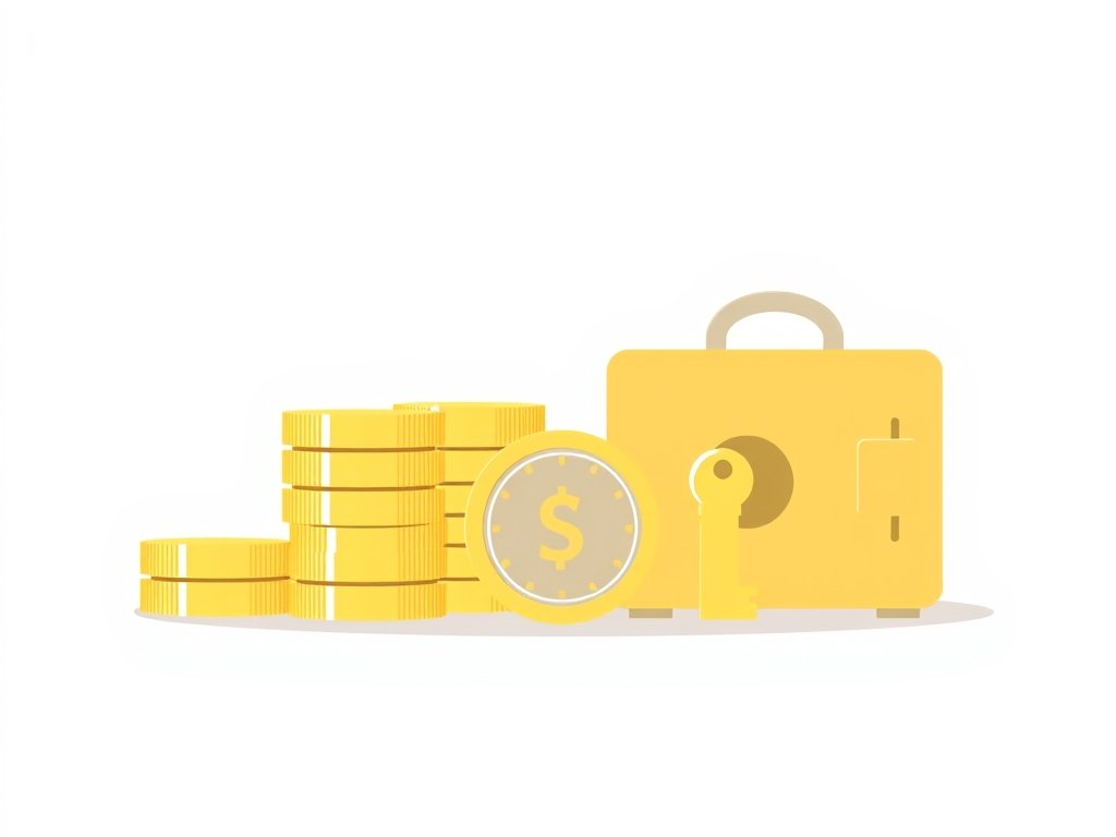 Illustratie van gouden munten, een sleutel en een kluis als symbool van vermogen en rijkdom.