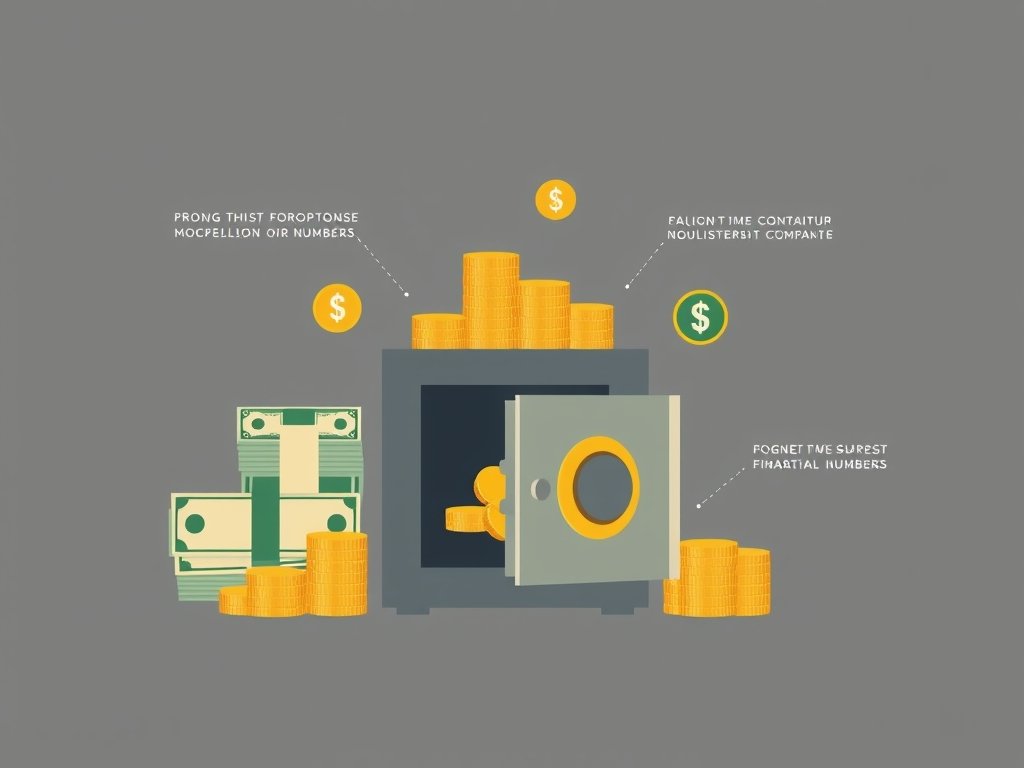 Geabstraheerde gouden munten, bankbiljetten en een kluis als symbool voor vermogen.