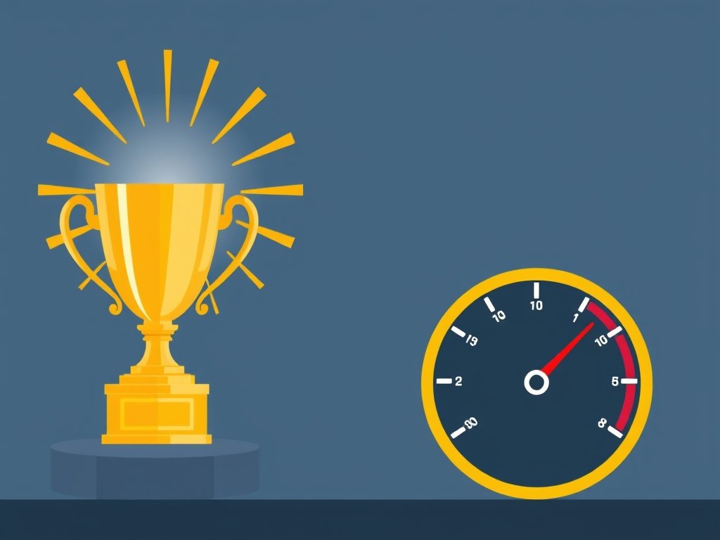 Gouden trofee en snelheidsmeter als symbool van Max Verstappen vermogen.