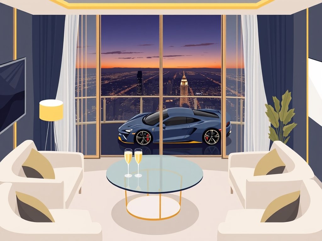Luxueuze penthouse met gouden accenten, champagneglas en sportwagen met uitzicht op stad.