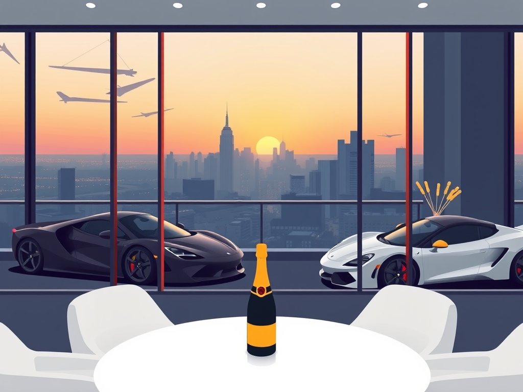 Moderne luxe penthouse met sportwagens en champagne in een minimalistisch interieur met uitzicht op stad.