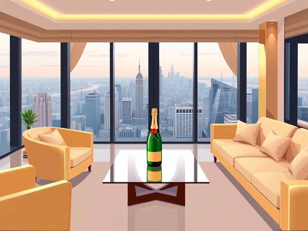 Modern penthouse interieur met gouden details en champagne, uitzicht op stad.