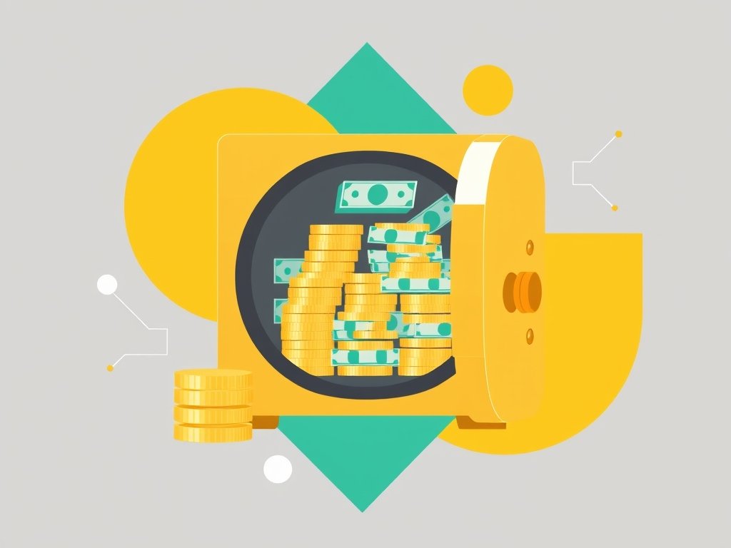 Illustratie van een gouden kluis met munten en bankbiljetten als symbool voor Vincent Karremans vermogen.