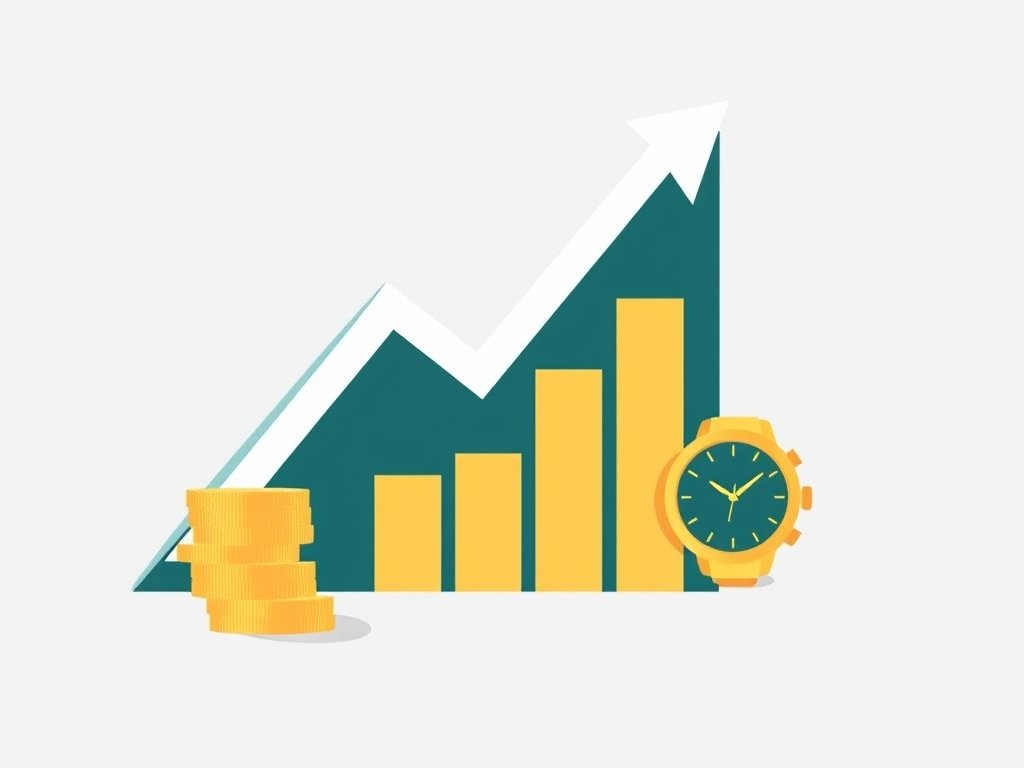 Goudkleurige grafiek met stapels munten en een luxe horloge als symbool voor vermogen.