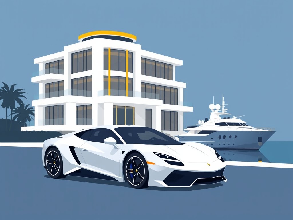 Moderne luxe villa met sportwagen en jacht in een beperkte kleurenpalet.