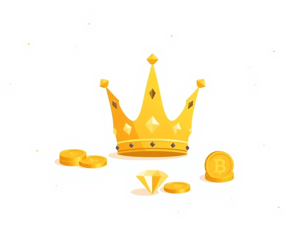Minimalistische illustratie van gouden kroon, munten en diamant die vermogen symboliseren.
