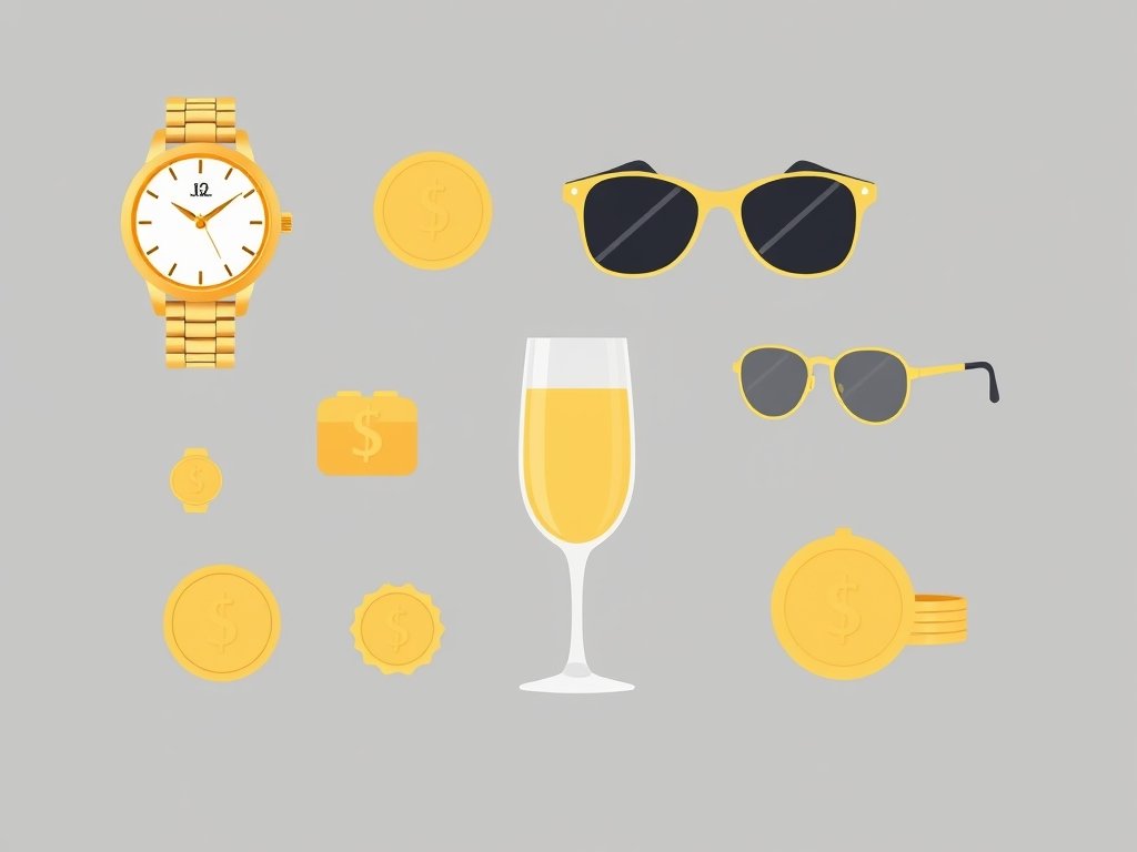 Gouden accessoires en symbolen van rijkdom in een minimalistische flat infographic stijl bij Estelle Cruijff vermogen.