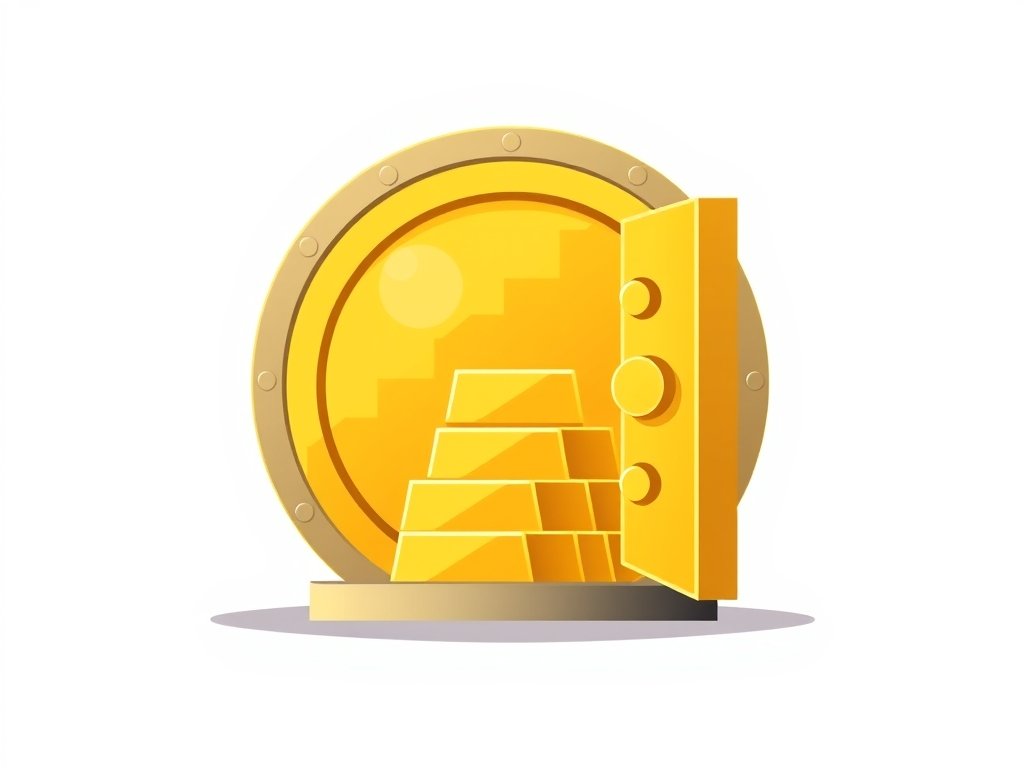 Minimalistische illustratie van gouden munt en open kluis met goudstaven.