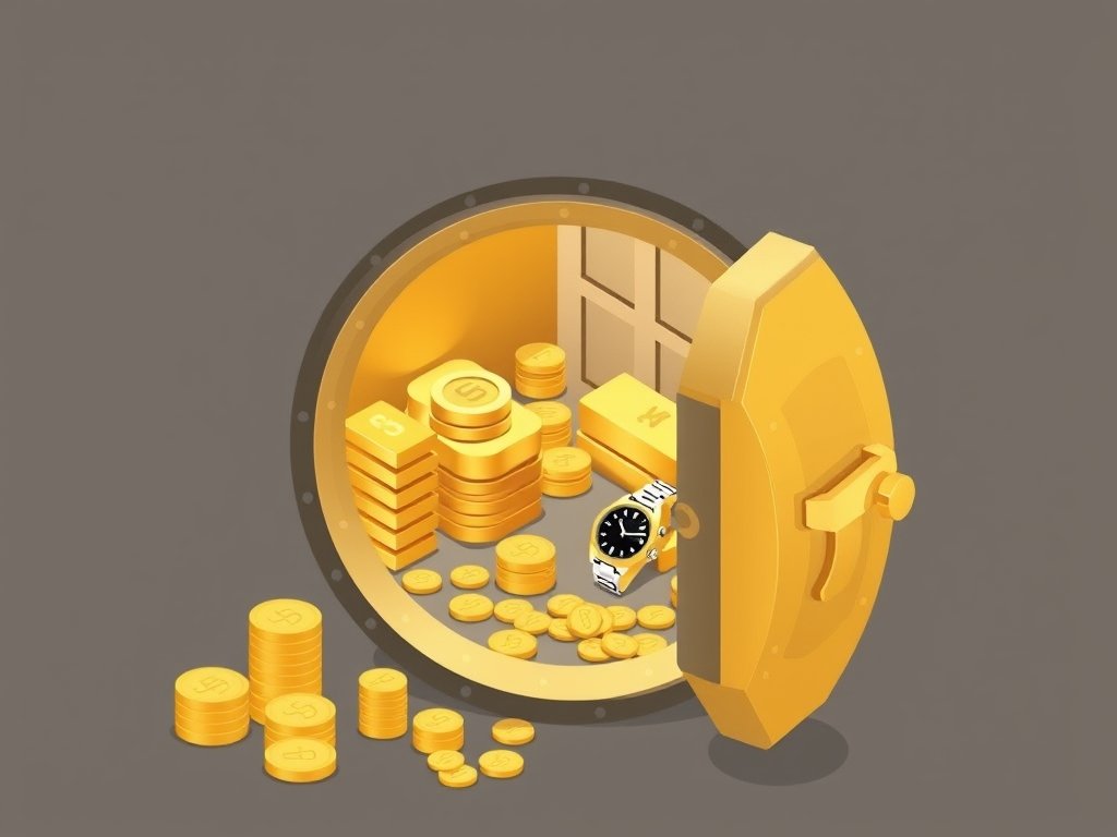 Isometrische illustratie van een open gouden kluis met goudstaven en luxe horloges als symbool van vermogen.