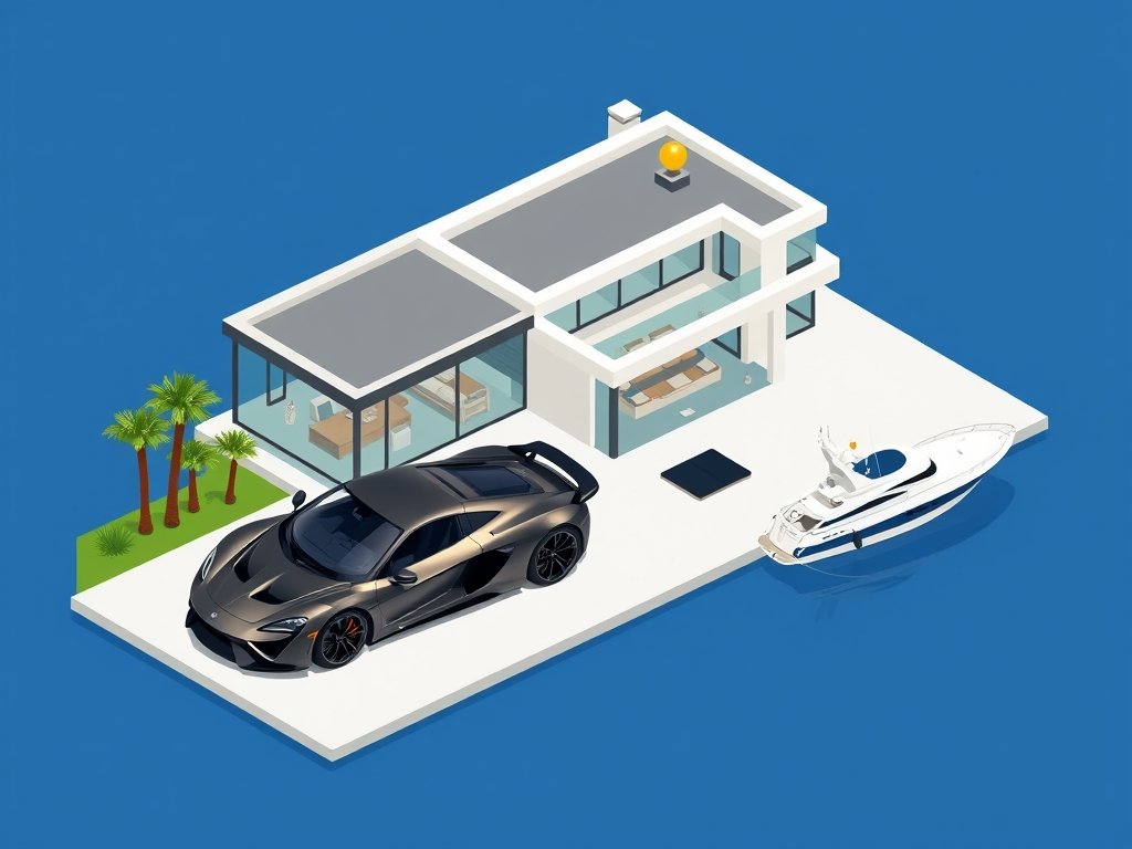 Moderne luxe villa met sportwagen en jacht in een minimalistisch kleurenpalet.