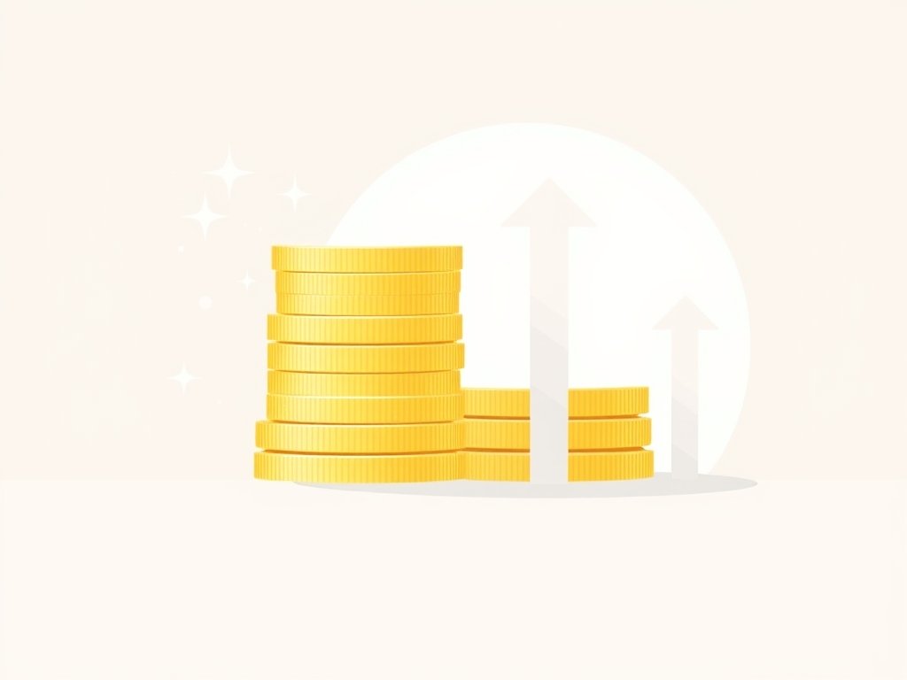Gestileerde stapel gouden munten en pijlen die groei van vermogen symboliseren.