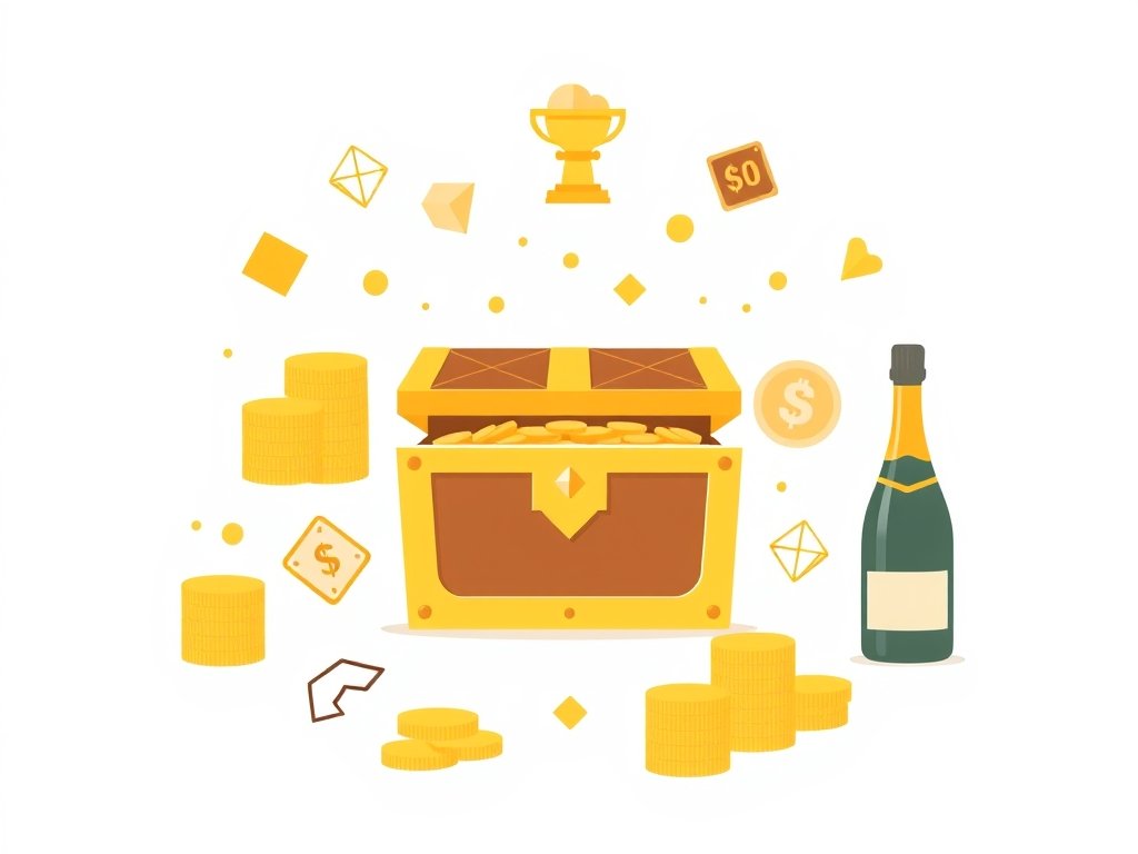 Abstracte illustratie van een gouden schatkist met symbolen voor vermogen en rijkdom.