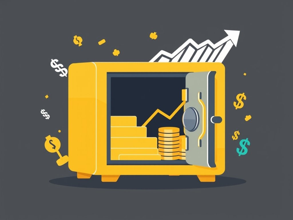 Gouden kluis met stapels goud en symbolen van groeiend vermogen.