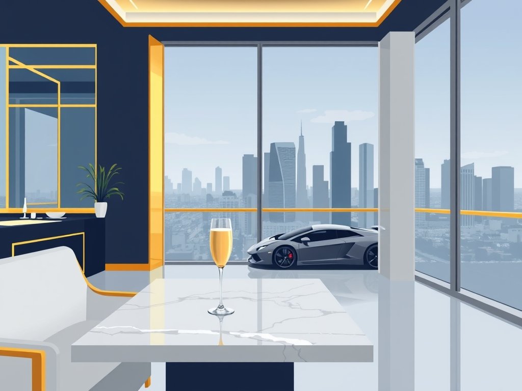 Interieur van luxe penthouse met gouden accenten, champagneglazen en uitzicht op stadsgevels met sportwagen buiten.