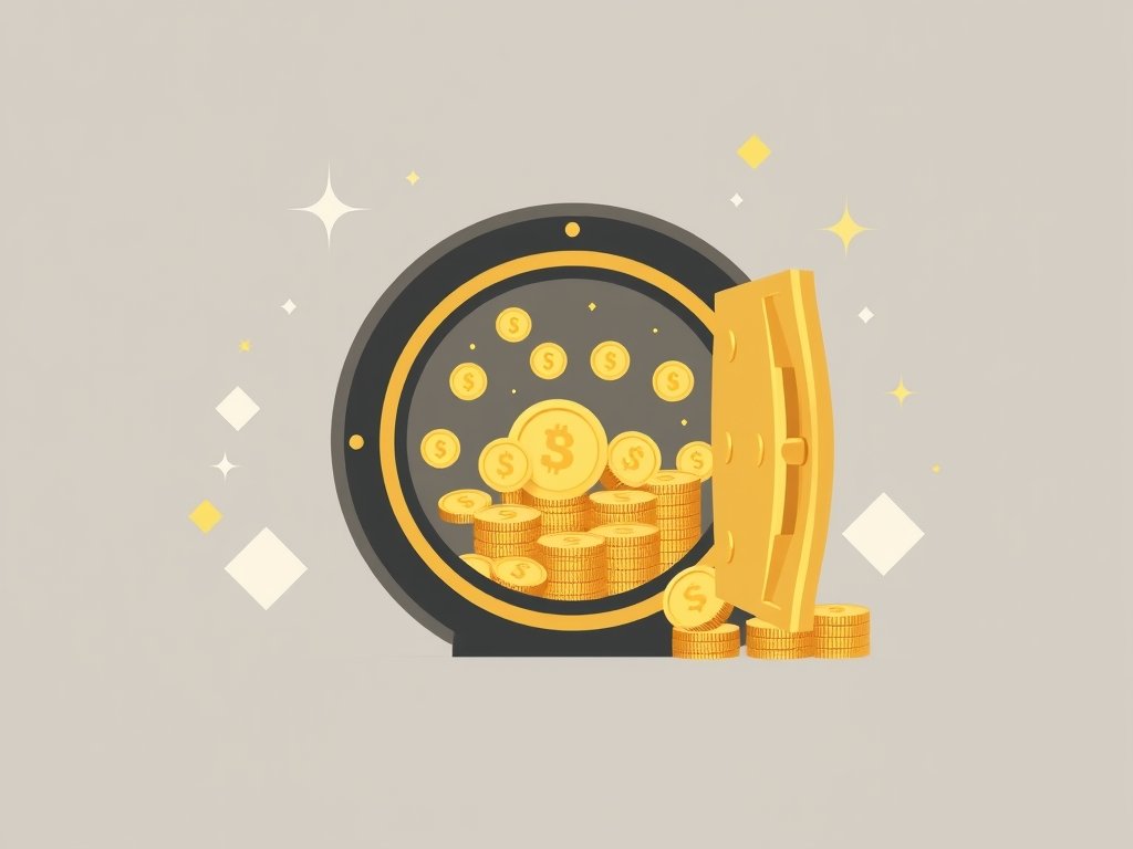 Abstracte gouden kluisdeur met munten en bankbiljetten als symbool voor vermogen.