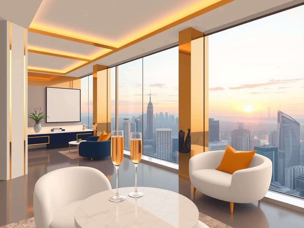 Luxueus penthouse interieur met gouden decor en champagneglas voor een stadszicht bij zonsondergang passend bij Olcay Gulsen vermogen.