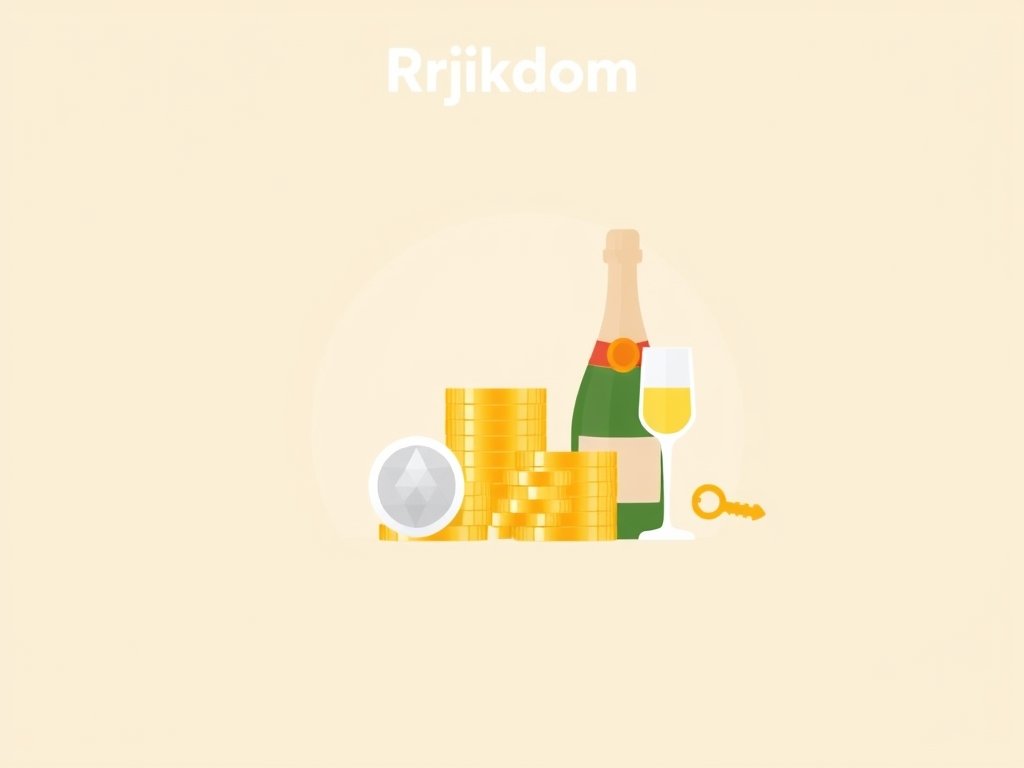 Abstracte symbolen van rijkdom zoals gouden munten, diamant en champagneglas in minimalistische stijl.