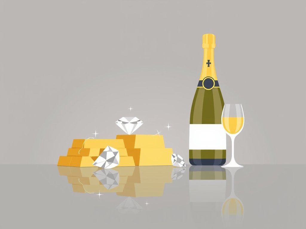 Minimalistische illustratie met stapel goudstaven, diamanten en champagne die symbool staan voor vermogen.
