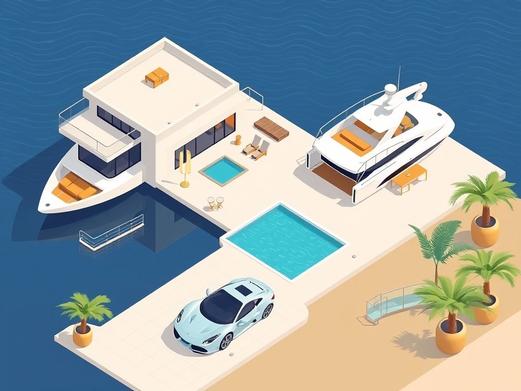 Modern villa met luxe sportwagen en privéjacht in een isometrisch perspectief passend bij Rafael van der Vaart vermogen.