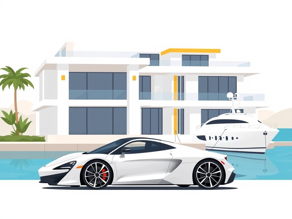 Exclusieve luxe villa met sportwagen en jacht in een minimalistisch kleurenpalet passend bij Niclas Castello vermogen.