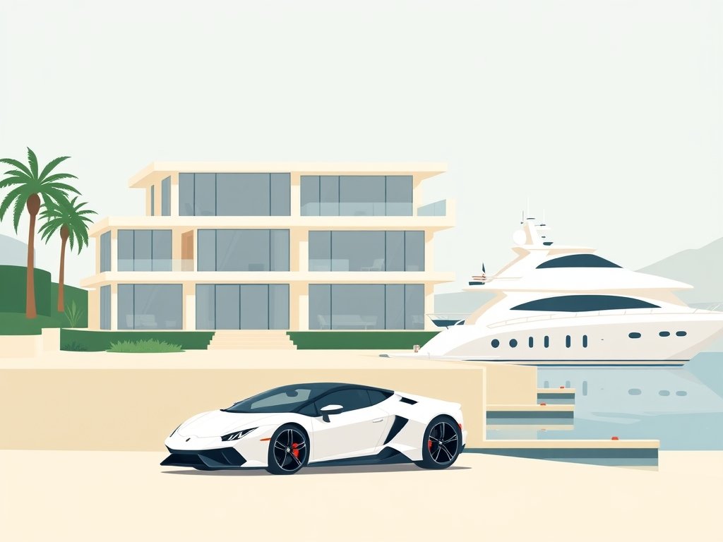 Luxueuze villa met sportwagen en jacht aan kalm water, passend bij Jeroen Kreeft vermogen.