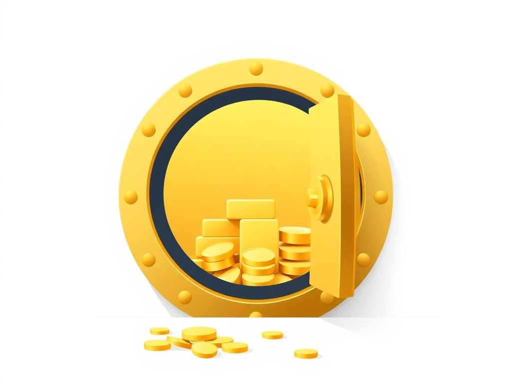 Gouden kluis met glanzende goudstaven en munten als symbool voor vermogen en rijkdom.