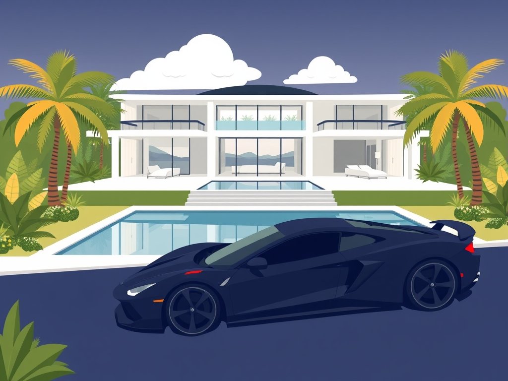 Luxe moderne villa met zwembad en sportwagen in een groene omgeving die René Zegerius vermogen symboliseert.