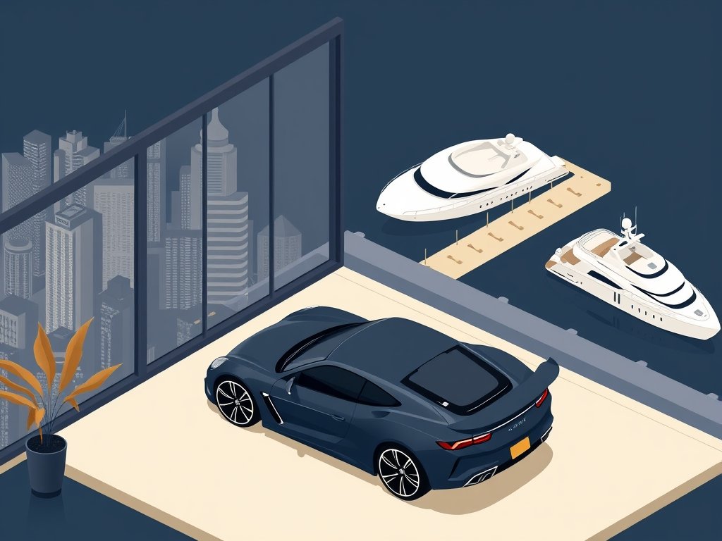Isometrische illustratie van een moderne penthouse met sportwagen en jacht bij een luxe woonomgeving verbonden aan Kim Holland vermogen.