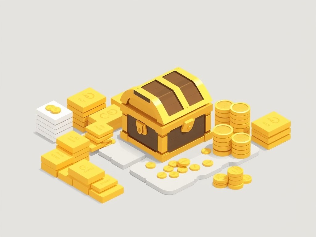 Gouden schatkist met stapels goudstaven en munten als symbool voor vermogen.