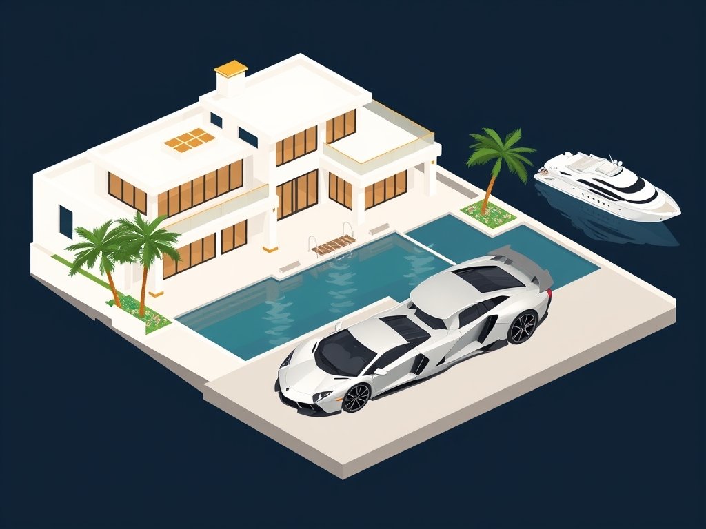 Luxueuze moderne villa met sportwagen en jacht aan zee in kleurenschema wit, beige, blauw en goud passend bij Marco Borsato vermogen.